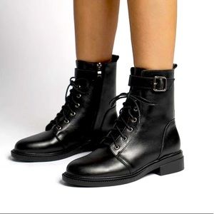 NWOT Lace-Up Front Buckle Decor Combat Boots Black